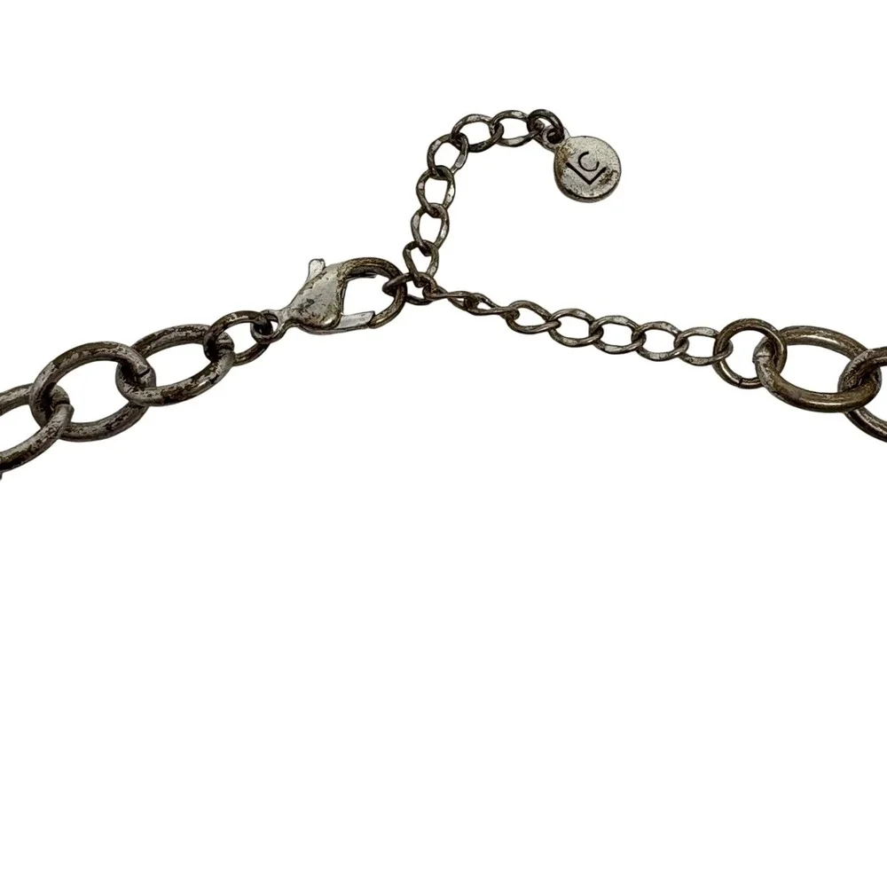 Liz Claiborne Silver‎ Tone Statement Necklace Green Stone Oval Pendant Bib Style